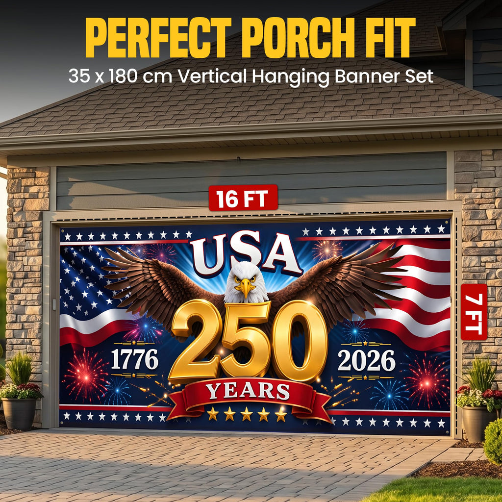 USA 250th Anniversary Garage Door Banner 7x16 Ft – America 1776 2026 Patriotic Bald Eagle Outdoor Large Banner 4th of July, Independence Day, America Home Decor