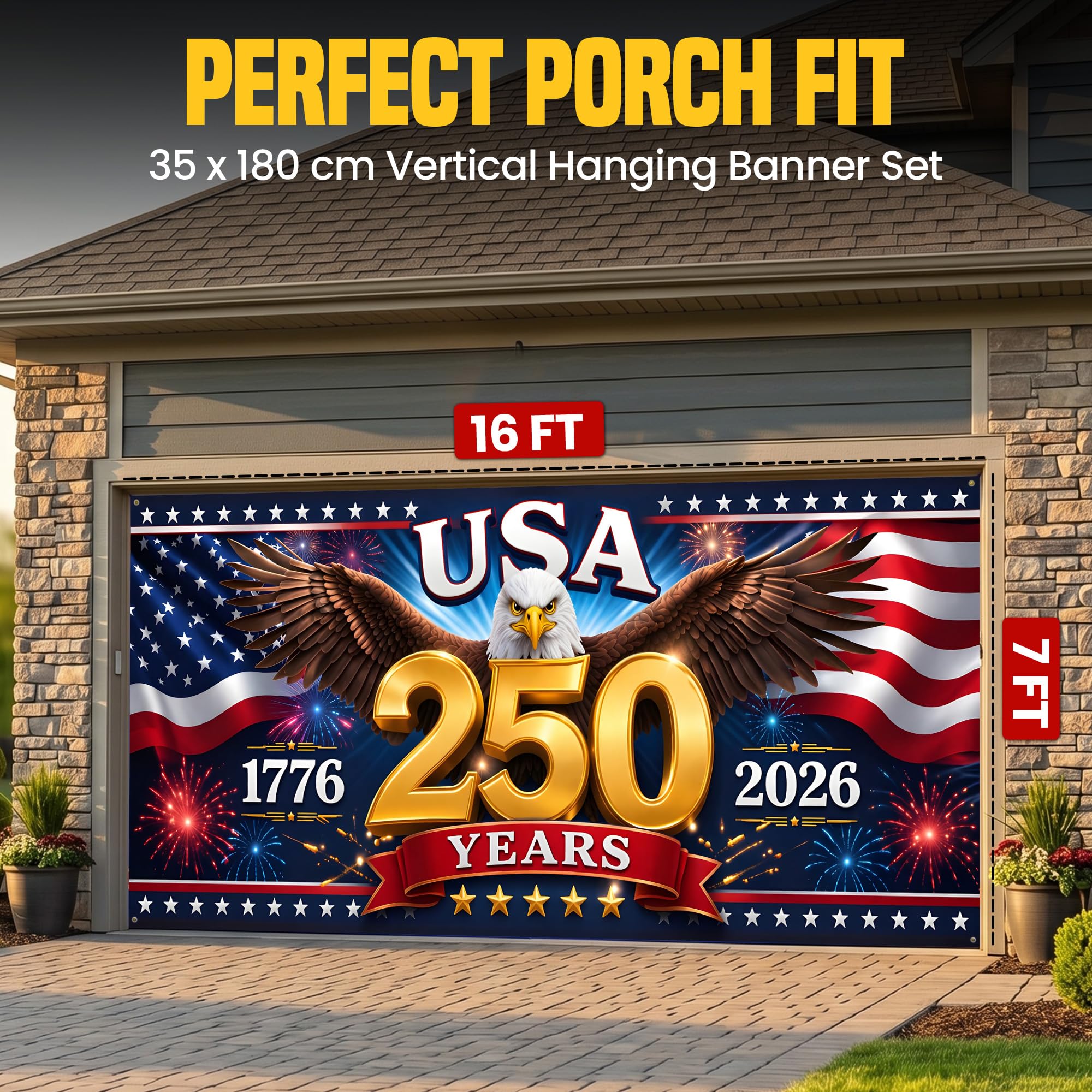 USA 250th Anniversary Garage Door Banner 7x16 Ft – America 1776 2026 Patriotic Bald Eagle Outdoor Large Banner 4th of July, Independence Day, America Home Decor