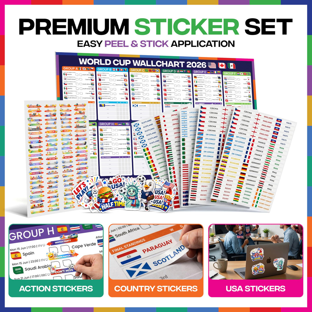 2026 World Cup Wall Chart Ultimate Kit – Large Tournament Bracket Poster + 288 Country Stickers, Action Stickers, Sweepstake Kit, Predictions Cards, Schedule & Accessories – Soccer Fan Party Pack