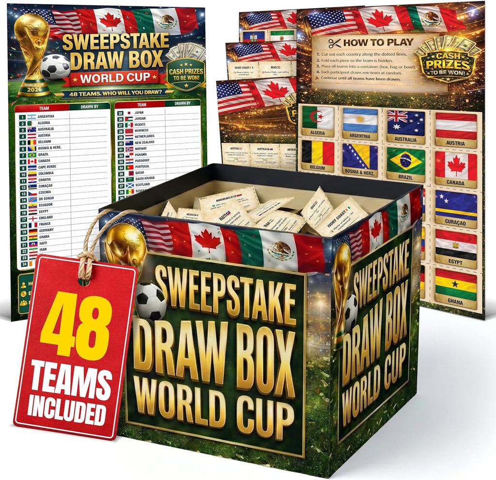 2026 World Cup Sweepstake Kit with Draw Box - All 48 Teams Flags Cutouts Funny Odds Cards with Draw Result Sheet - Sweepstake Kit for Sports Clubs, Workplaces, Friends Groups