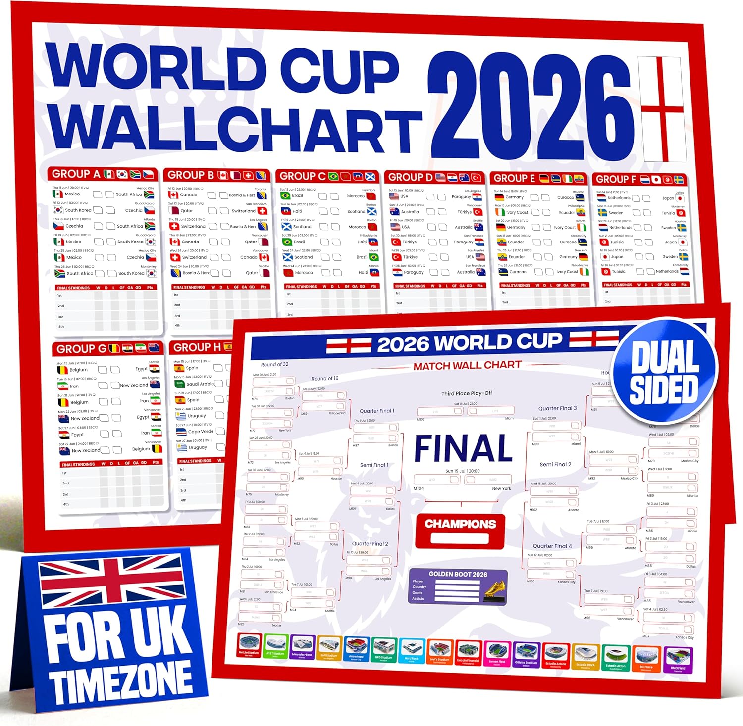 World Cup Wall Chart 2026 | A1 Size 2026 World Cup Football Poster with UK Fixtures, Dates, Kick Off Times, Stadiums & Host Cities | Sweepstake & Prediction Chart