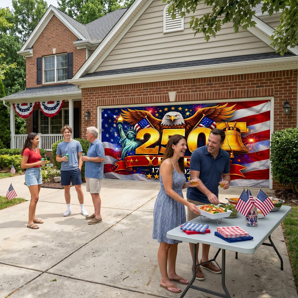 USA 250th Anniversary Garage Door Banner 7x16 Ft – America 1776 2026 Patriotic Bald Eagle Outdoor Large Banner 4th of July, Independence Day, America Home Decor