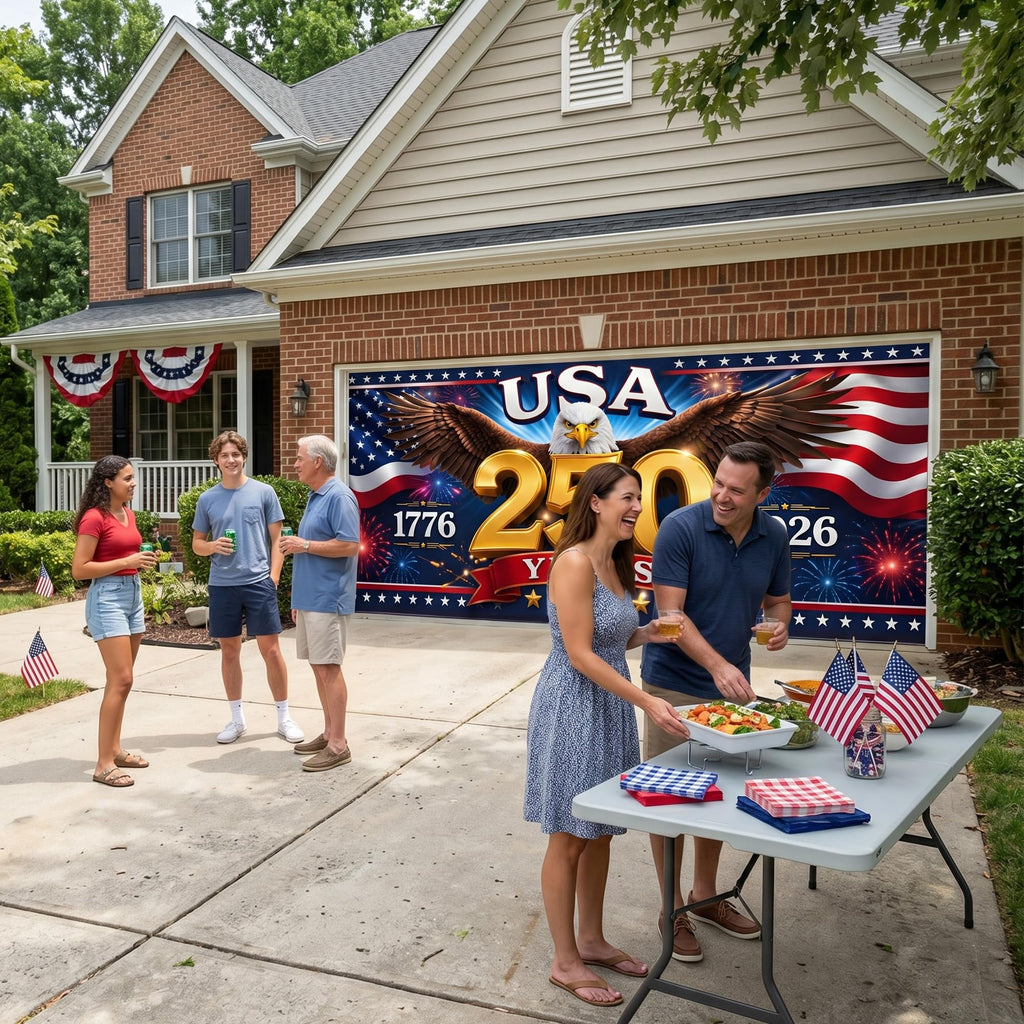 USA 250th Anniversary Garage Door Banner 7x16 Ft – America 1776 2026 Patriotic Bald Eagle Outdoor Large Banner 4th of July, Independence Day, America Home Decor