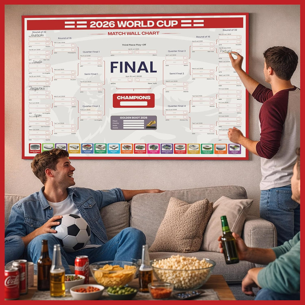 World Cup Wall Chart 2026 | A1 Size 2026 World Cup Football Poster with UK Fixtures, Dates, Kick Off Times, Stadiums & Host Cities | Sweepstake & Prediction Chart