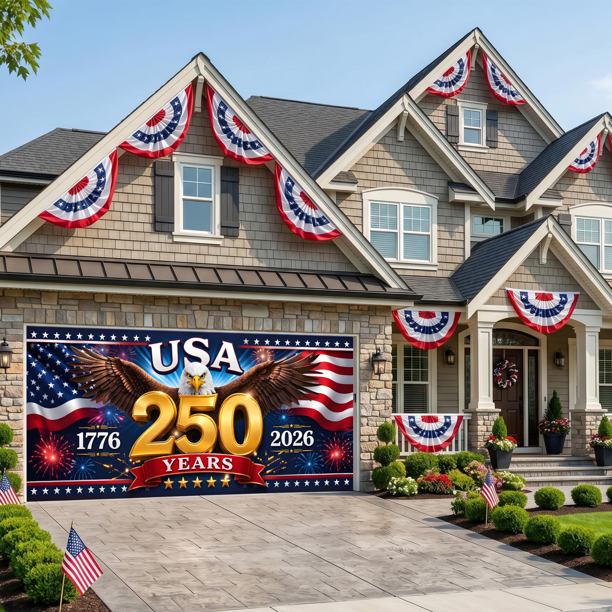 USA 250th Anniversary Garage Door Banner 7x16 Ft – America 1776 2026 Patriotic Bald Eagle Outdoor Large Banner 4th of July, Independence Day, America Home Decor